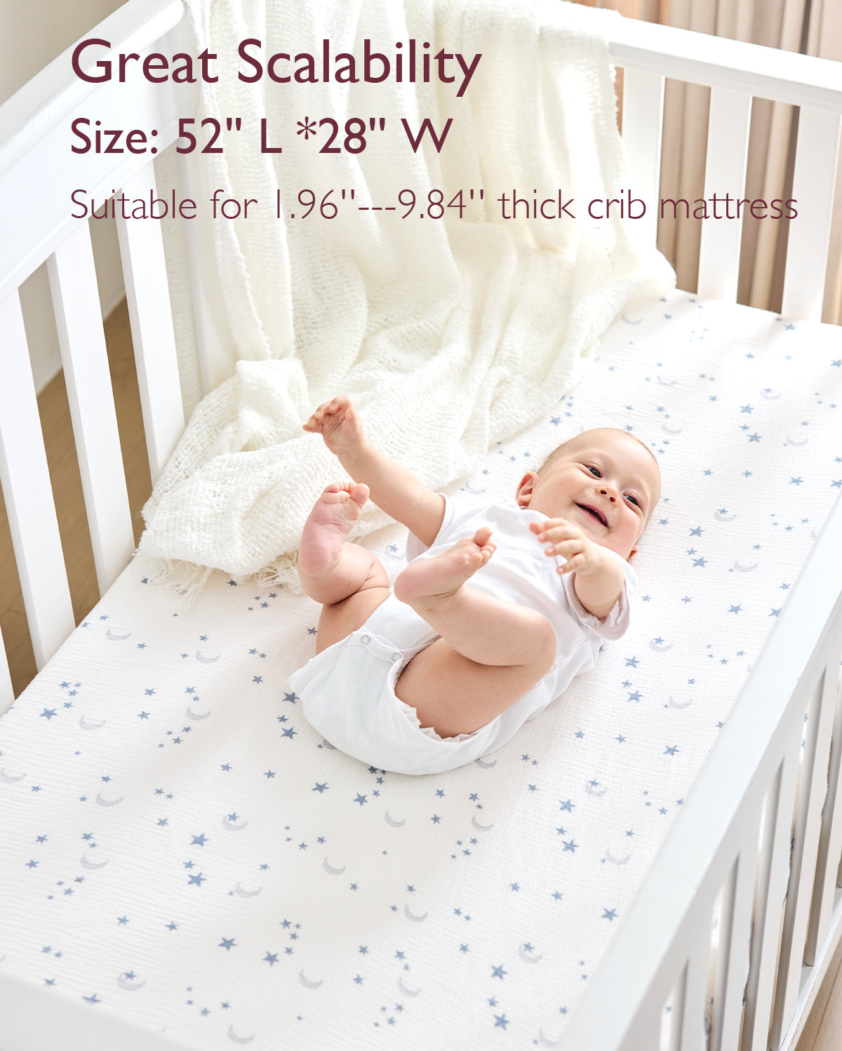 Momcozy Muslin Fitted Crib Sheets - 2 sizes - Blue White Star Moon