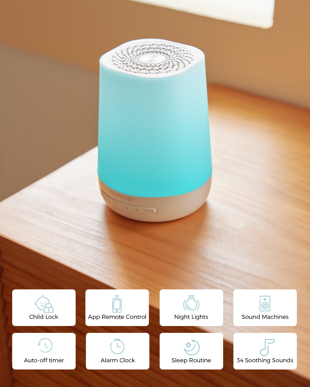 Smart Baby Sound Machine with app remote control, night light, alarm clock, and 34 soothing sounds.