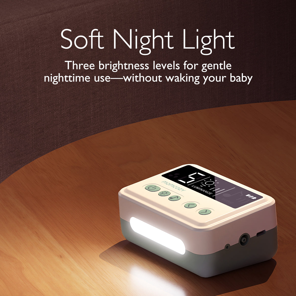Momcozy portable night light with adjustable brightness and digital display showing time.