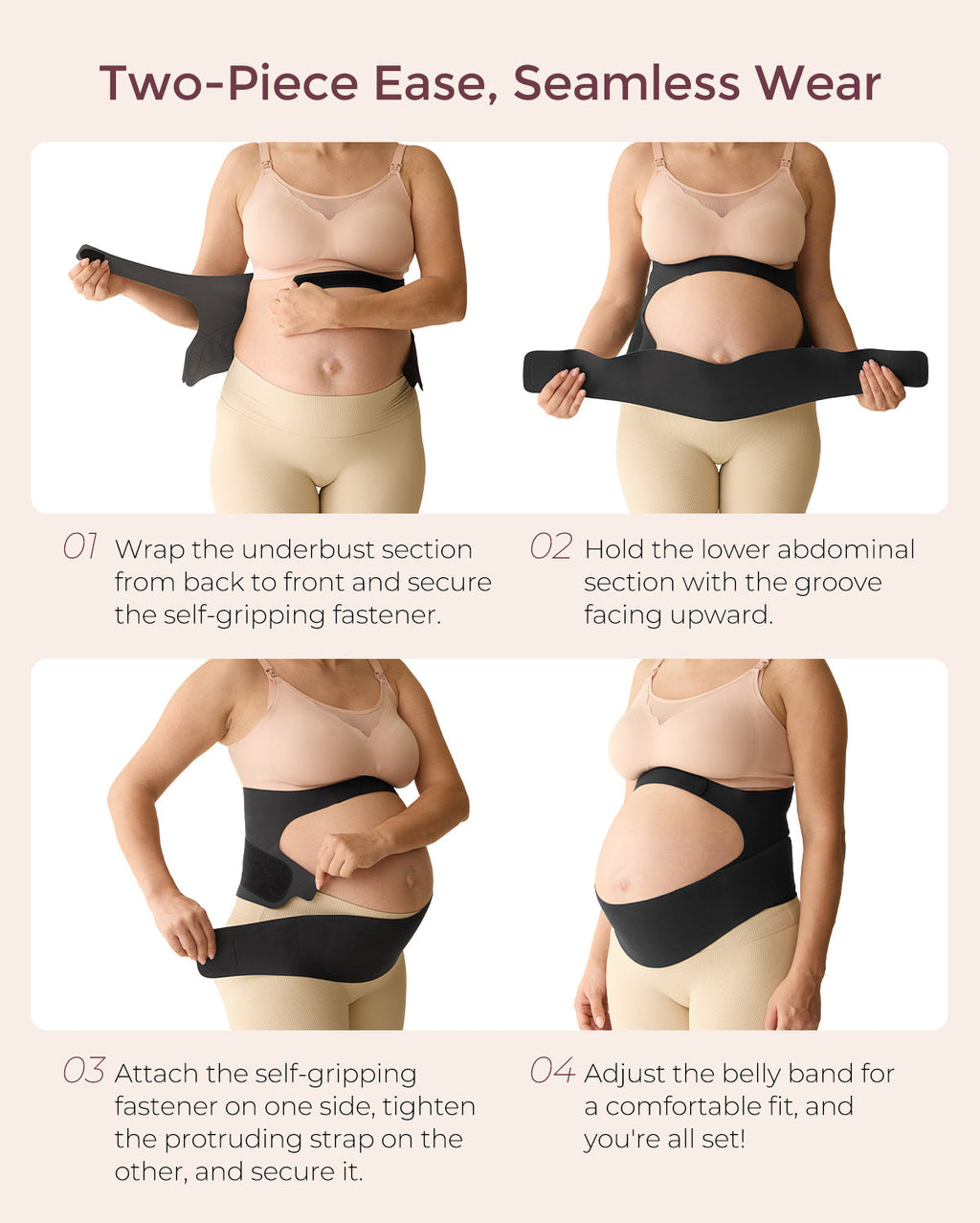 BumpEase maternity belly band: four-step guide shows how to wear the black band for comfortable, secure fit.