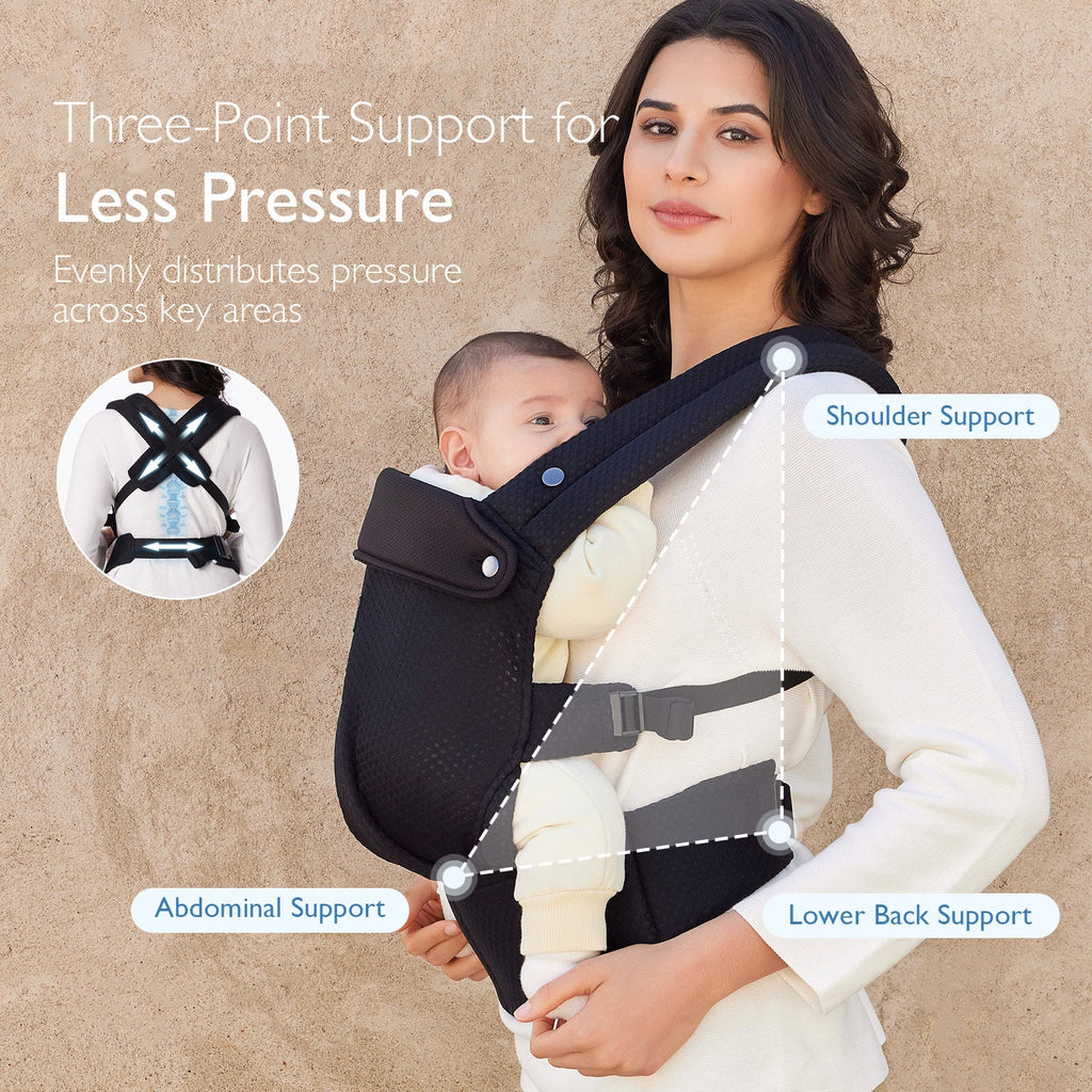 Black Momcozy PureHug carrier, babywearing with shoulder, back, and abdominal support, offering comfort.