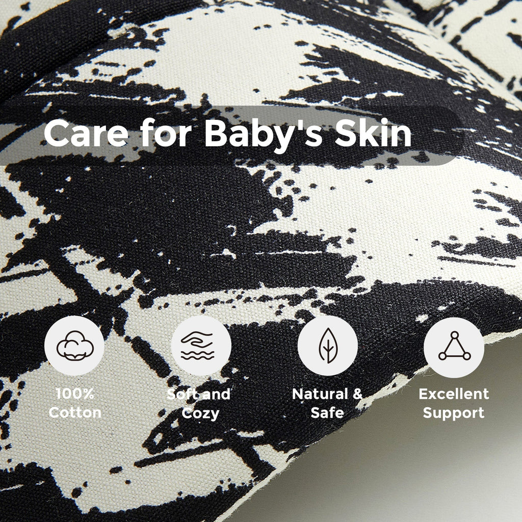 Momcozy PureHug baby carrier fabric detail: 100% cotton, soft & cozy, natural & safe, excellent support for baby's skin.