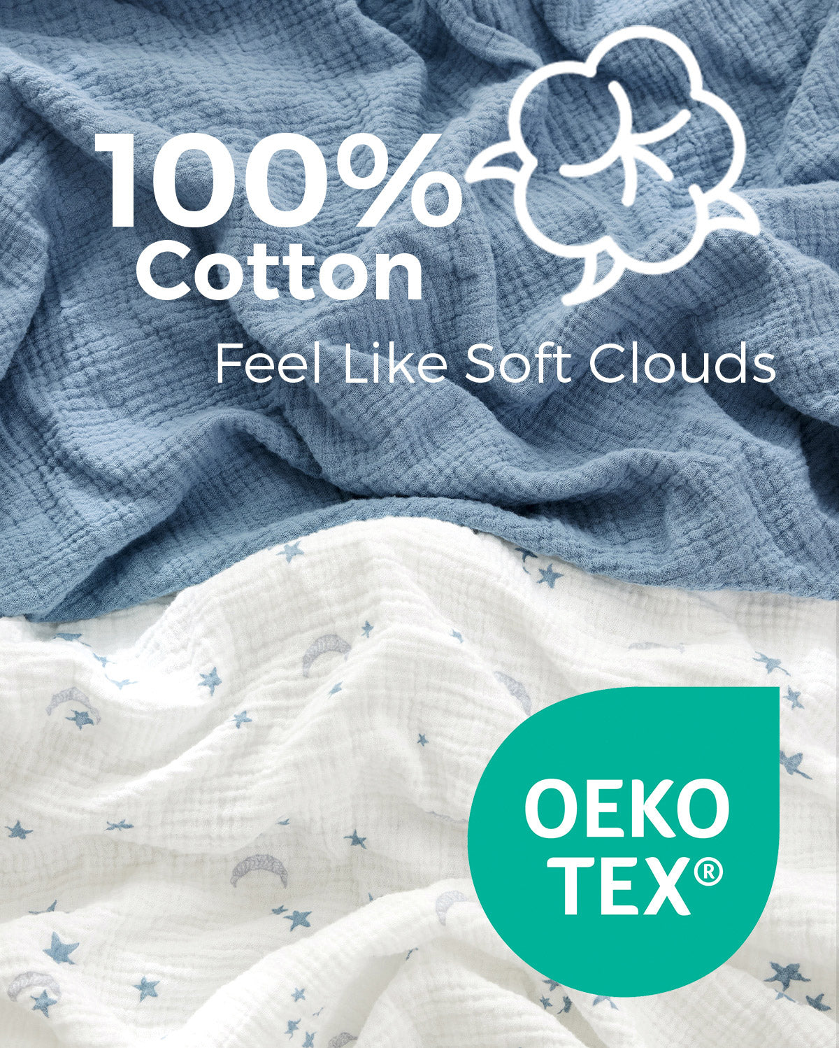 Momcozy Muslin Fitted Crib Sheets - 2 sizes - Blue White Star Moon