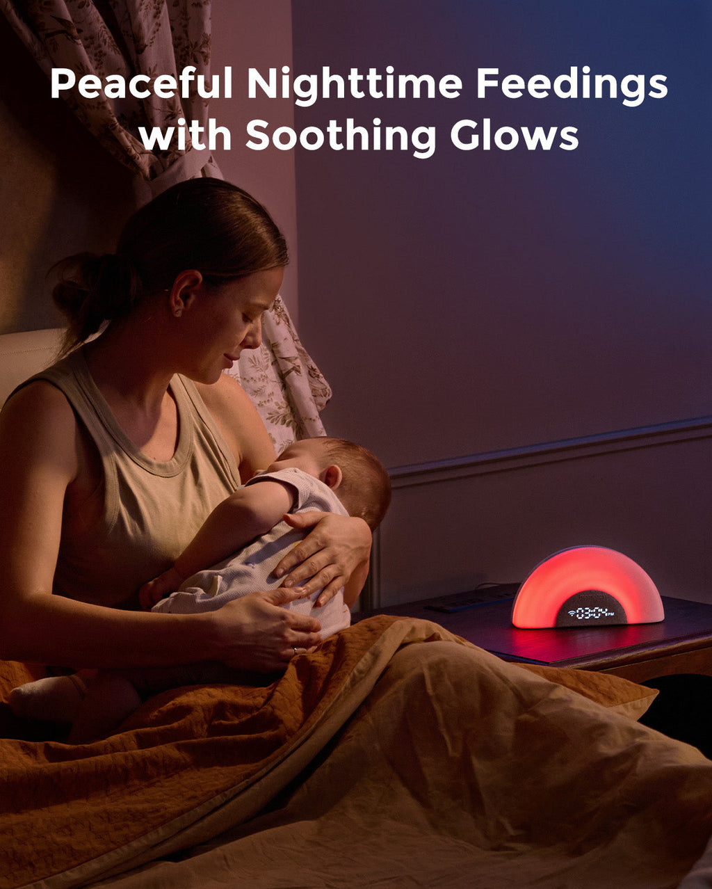 Mother feeding baby with DreamSync Tech rainbow light sound machine glowing red.