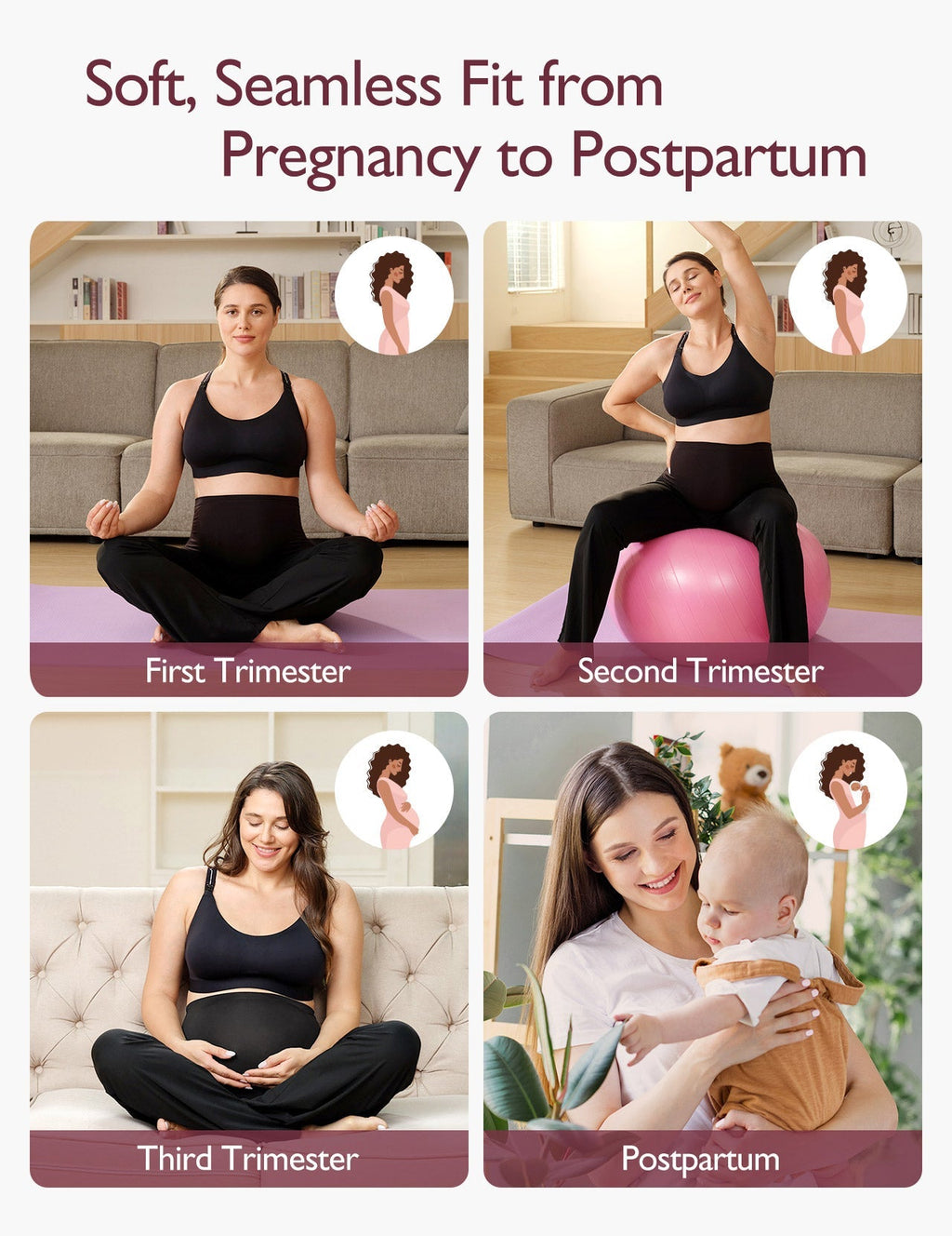 Four images illustrating seamless maternity leggings across different pregnancy stages.