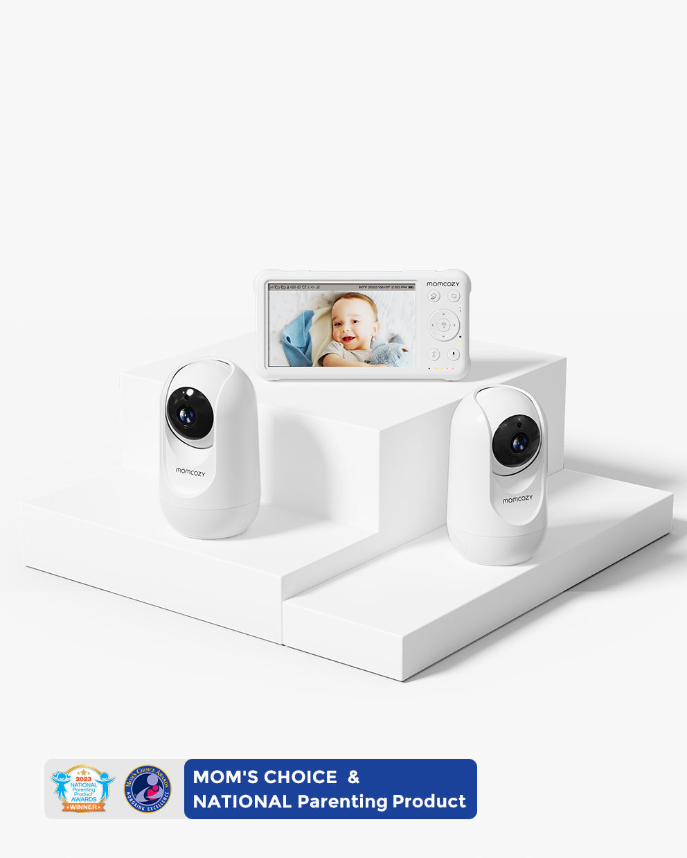 Momcozy BM01 baby monitor. Two white cameras, display showing baby, and award-winning recognition for peace of mind.