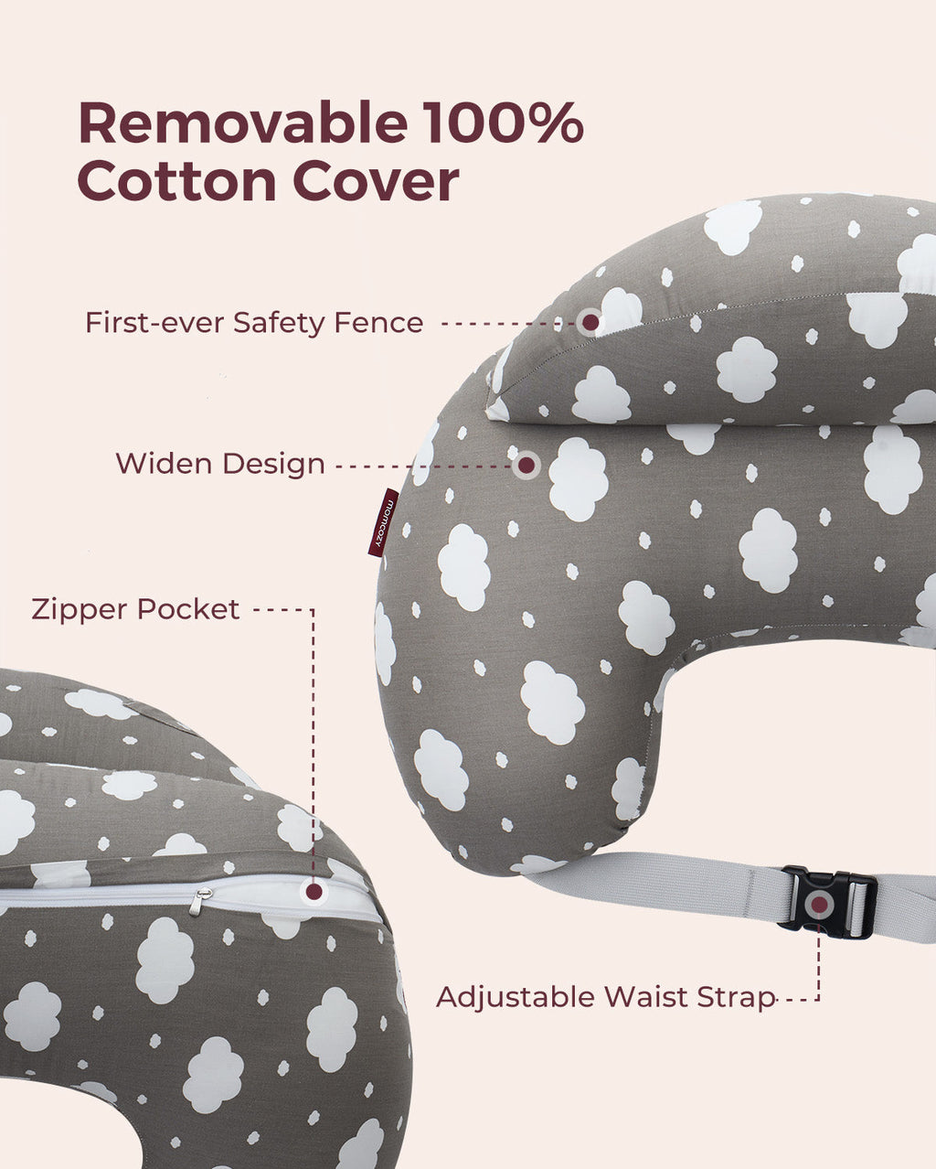 Adjustable nursing pillow, grey cloud pattern, removable cotton cover, safety fence, waist strap.