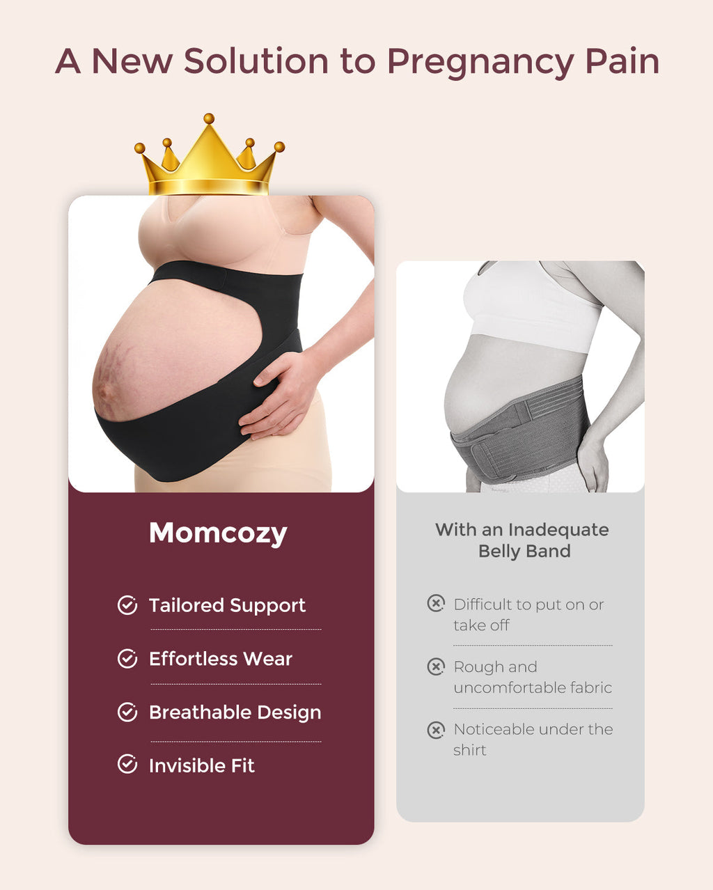 Momcozy BumpEase black maternity band comparison: tailored support vs. inadequate gray band for pregnancy pain.