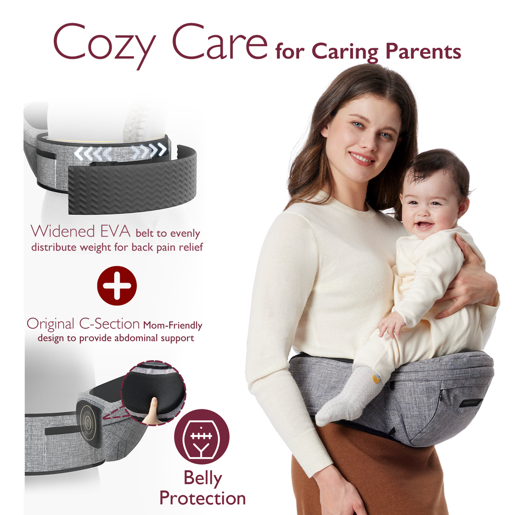 Momcozy Wander360 Hip Seat Carrier: Woman with baby in a gray carrier, showcasing features for comfort and support.