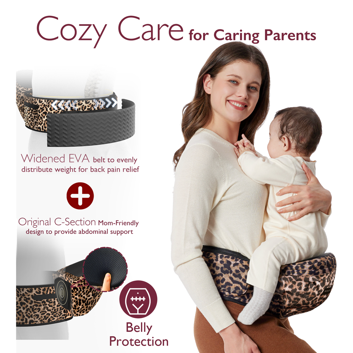 Momcozy Wander360 Hip Seat Carrier featuring belly protection and back support for comfortable babywearing in leopard print.