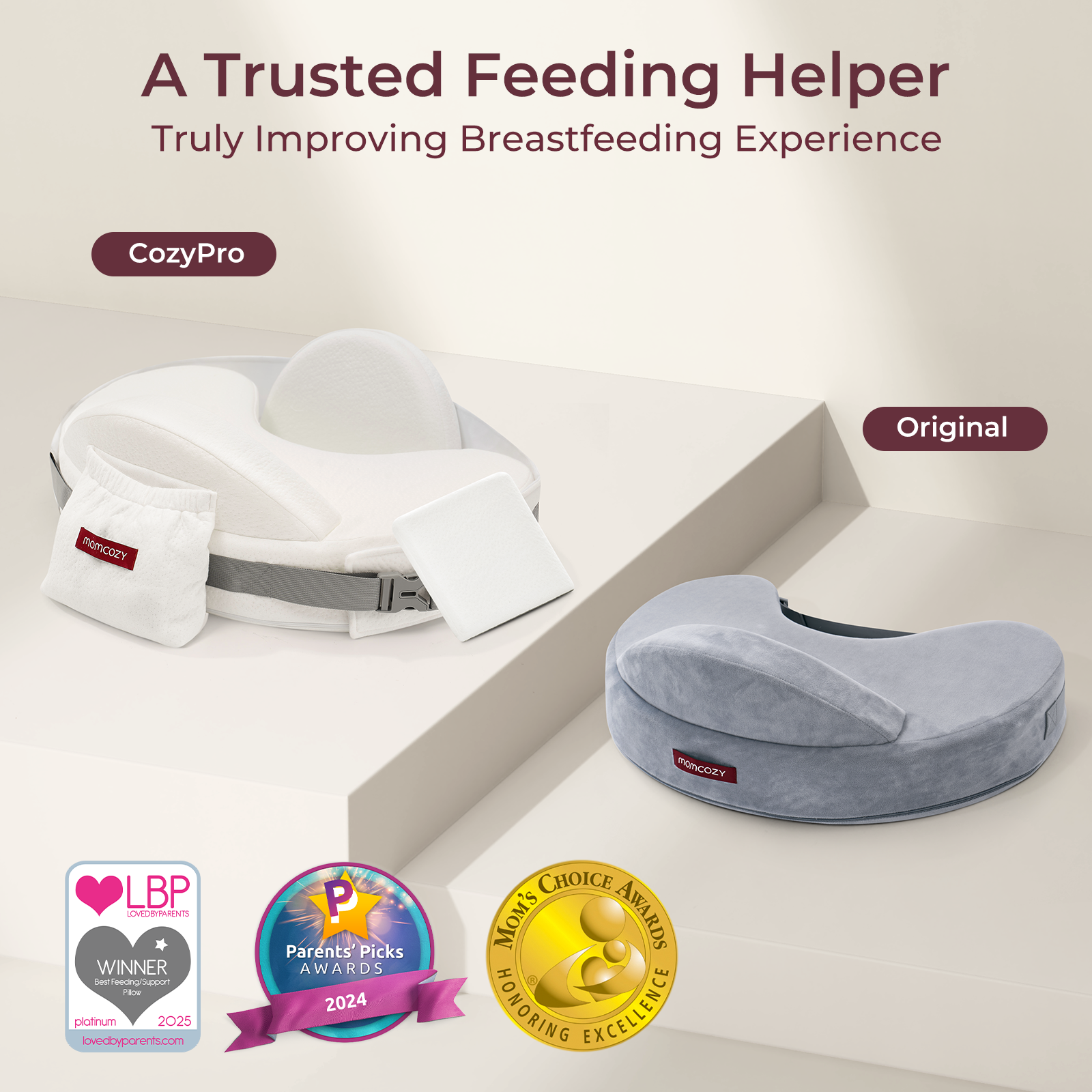 Momcozy MaxSupport nursing pillow: white CozyPro system vs grey Original. Award-winning breastfeeding support.