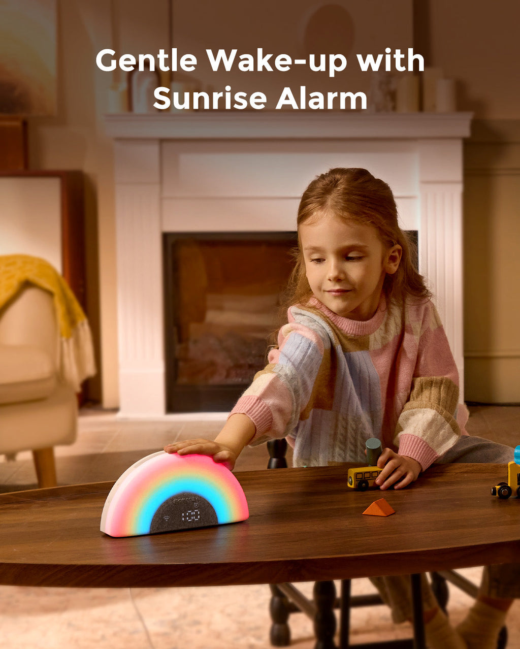 DreamSync Tech smart baby sound machine with rainbow light and app control, featuring a digital display.