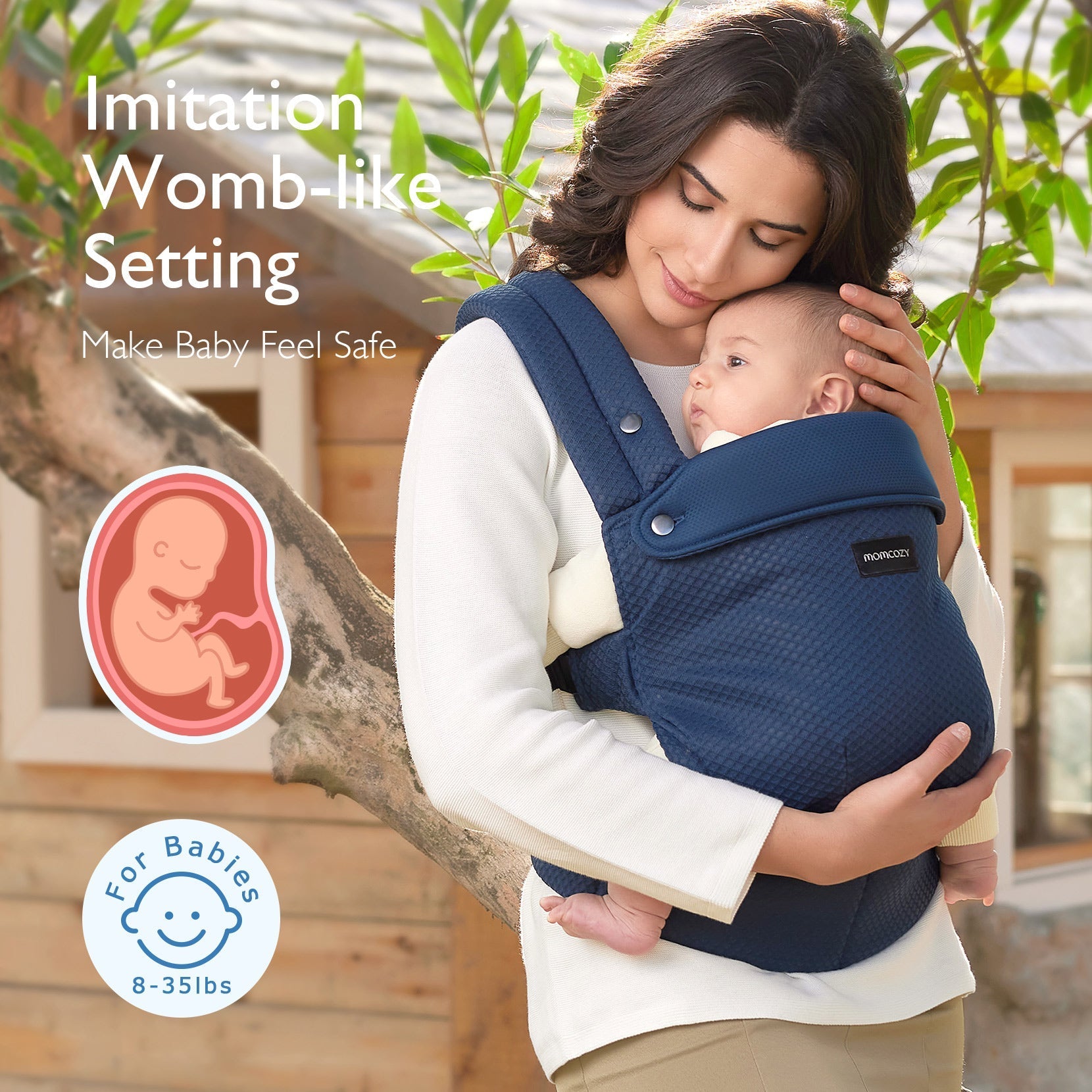 Momcozy PureHug navy blue baby carrier, womb-like design for babies 8-35lbs. Comfortable babywearing for safety and support.