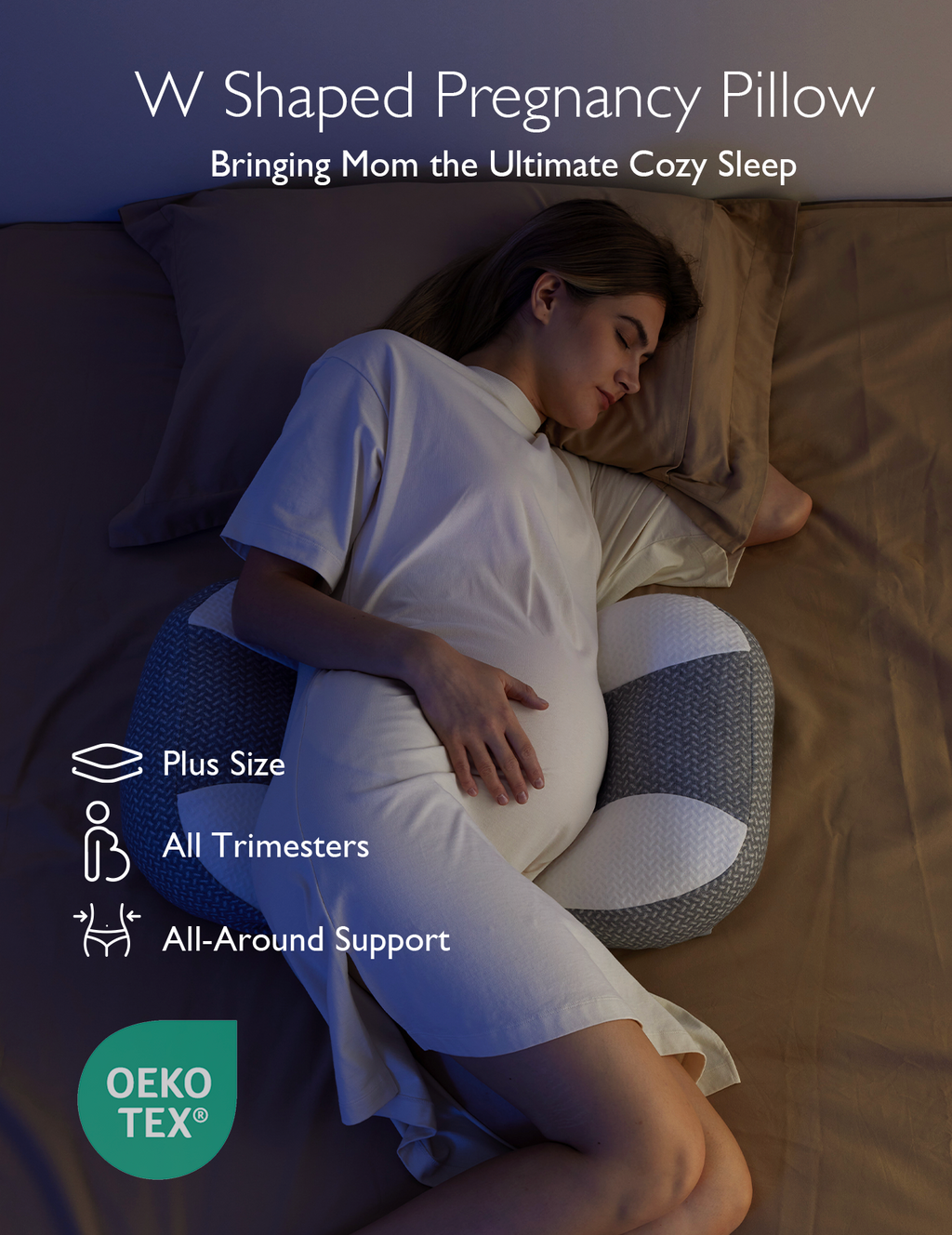 Pregnant woman sleeping on W-shaped Pregnancy Wedge Pillow with Cooling Cover, promoting all-around support.