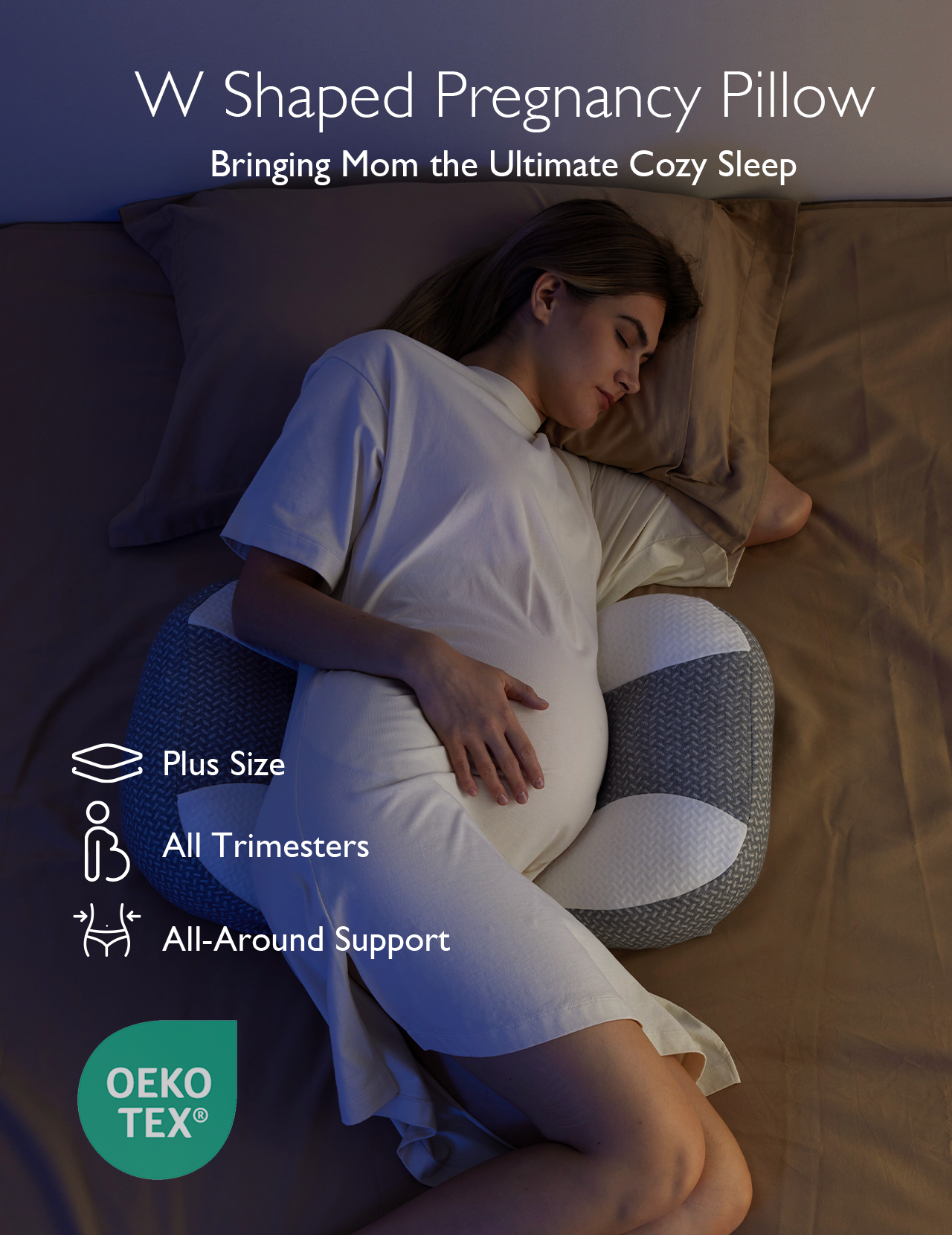 Pregnant woman sleeping on W-shaped Pregnancy Wedge Pillow with Cooling Cover, promoting all-around support.