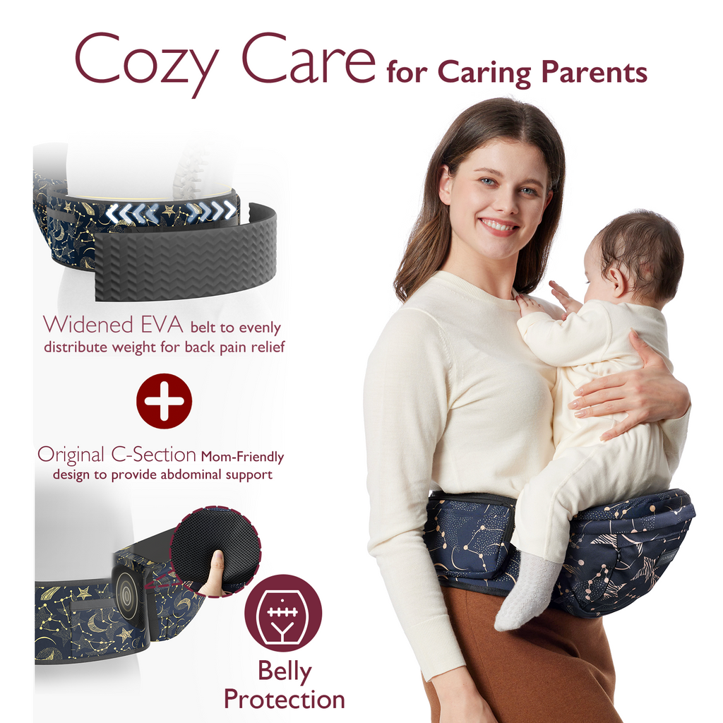 Momcozy Wander360 hip seat carrier: comfortable babywearing with belly protection, enhanced back support.