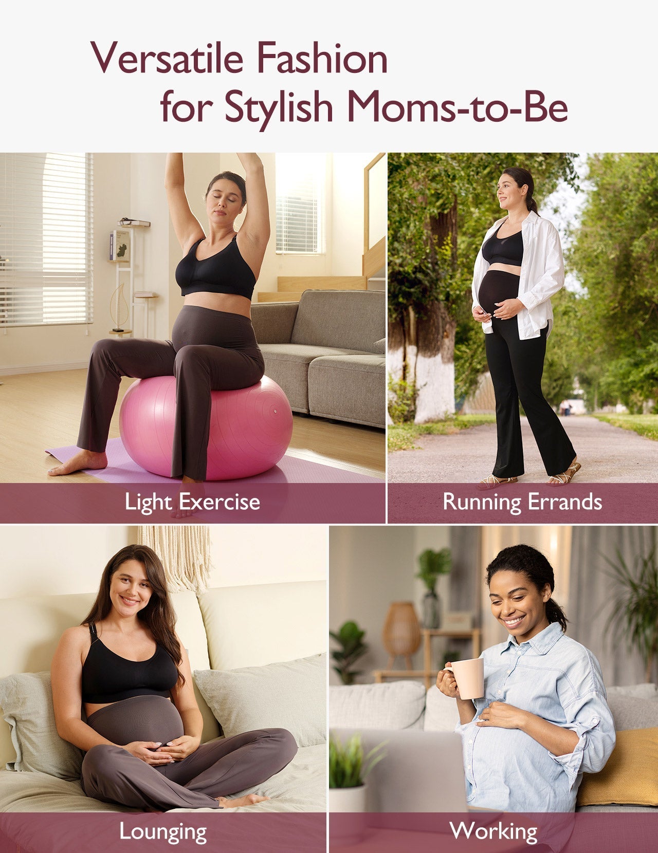A collage showing the maternity lifestyle in workout flare leggings: exercising, running errands, lounging, and working.