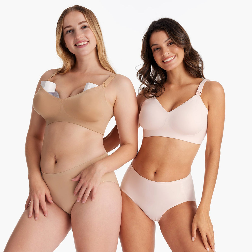 Diverse models showcase YN21 Ultra Soft Seamless Nursing Bras: light taupe with M5 pump inserts & light peach V-neck design.