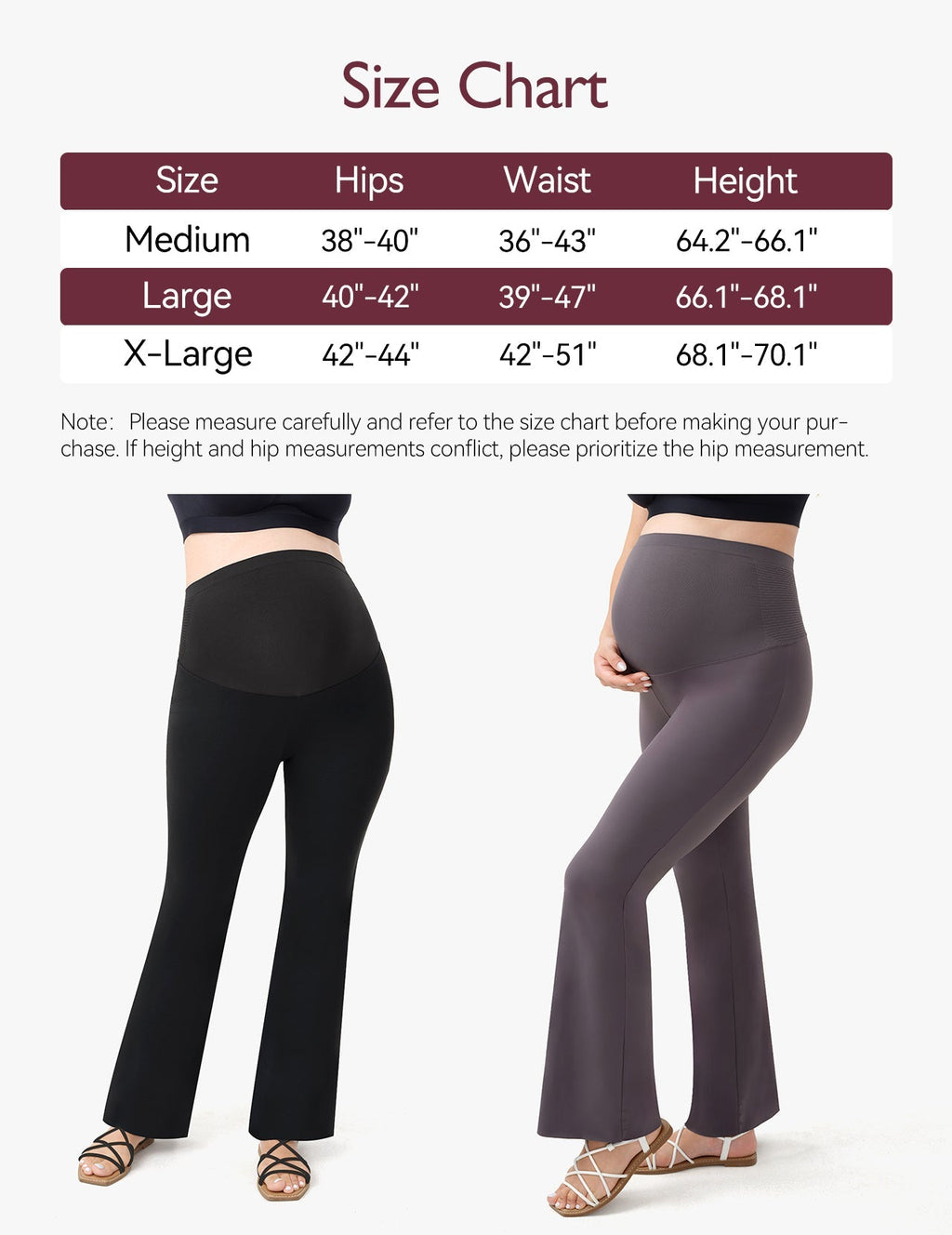 Size chart for maternity flare leggings showing measurements for medium, large, and x-large.