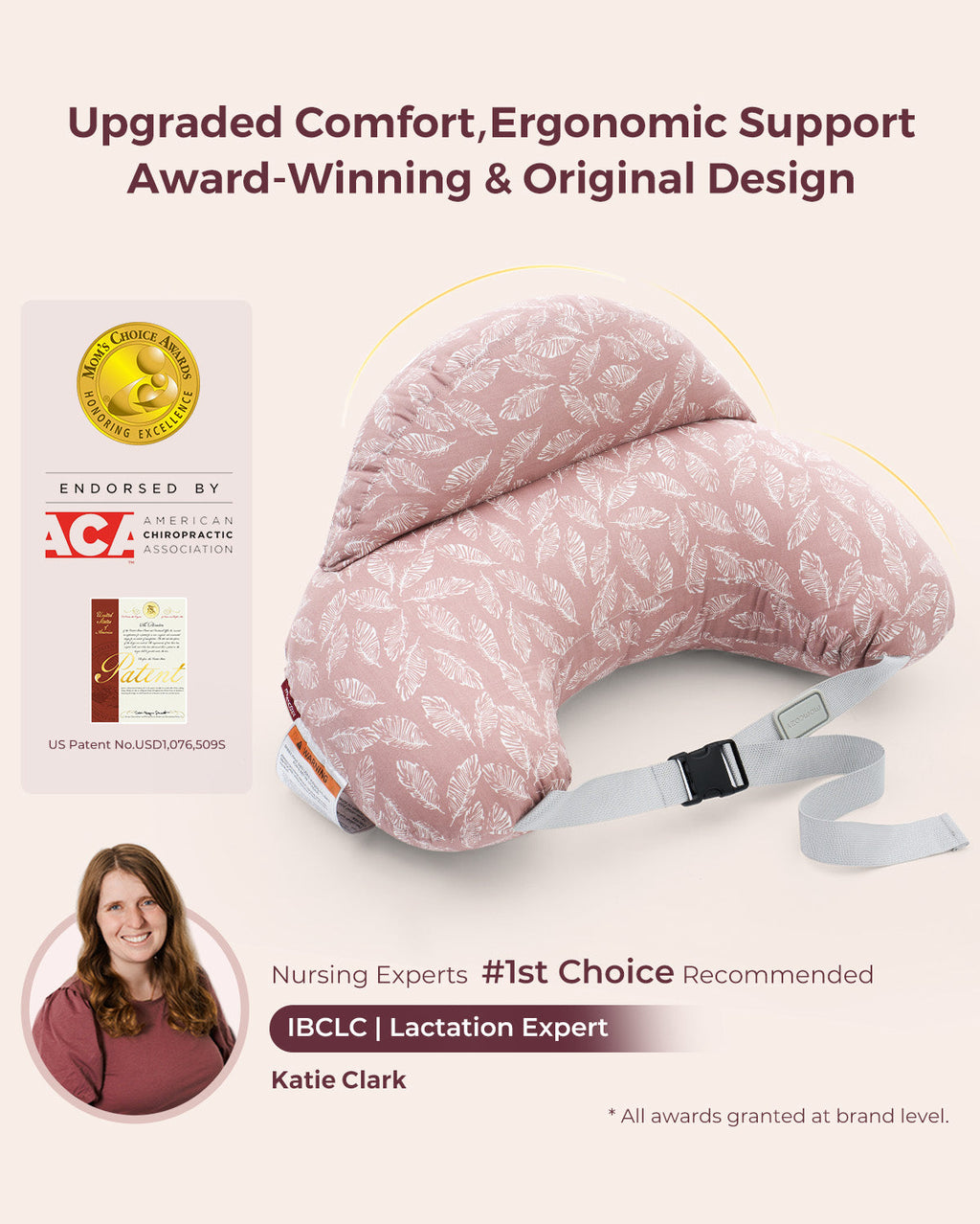 Pink adjustable nursing pillow with white feather pattern, ACA endorsed