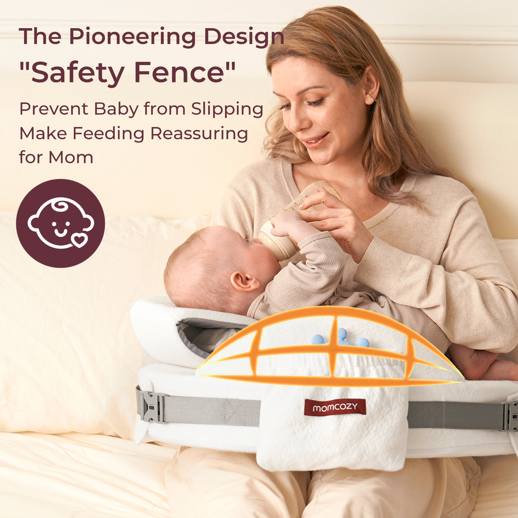 Momcozy MaxSupport Nursing Pillow with "Safety Fence" design, preventing baby slipping for reassuring feeding.
