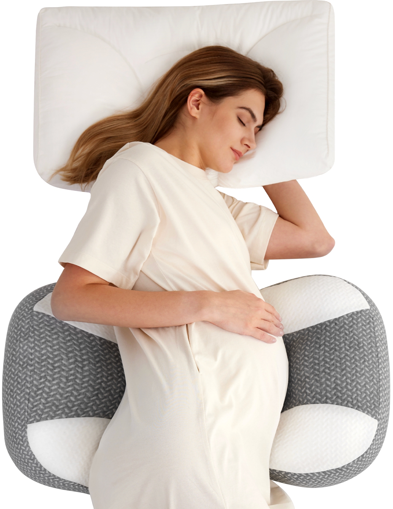 Pregnant woman sleeping on a grey Pregnancy Wedge Pillow with Cooling Cover.