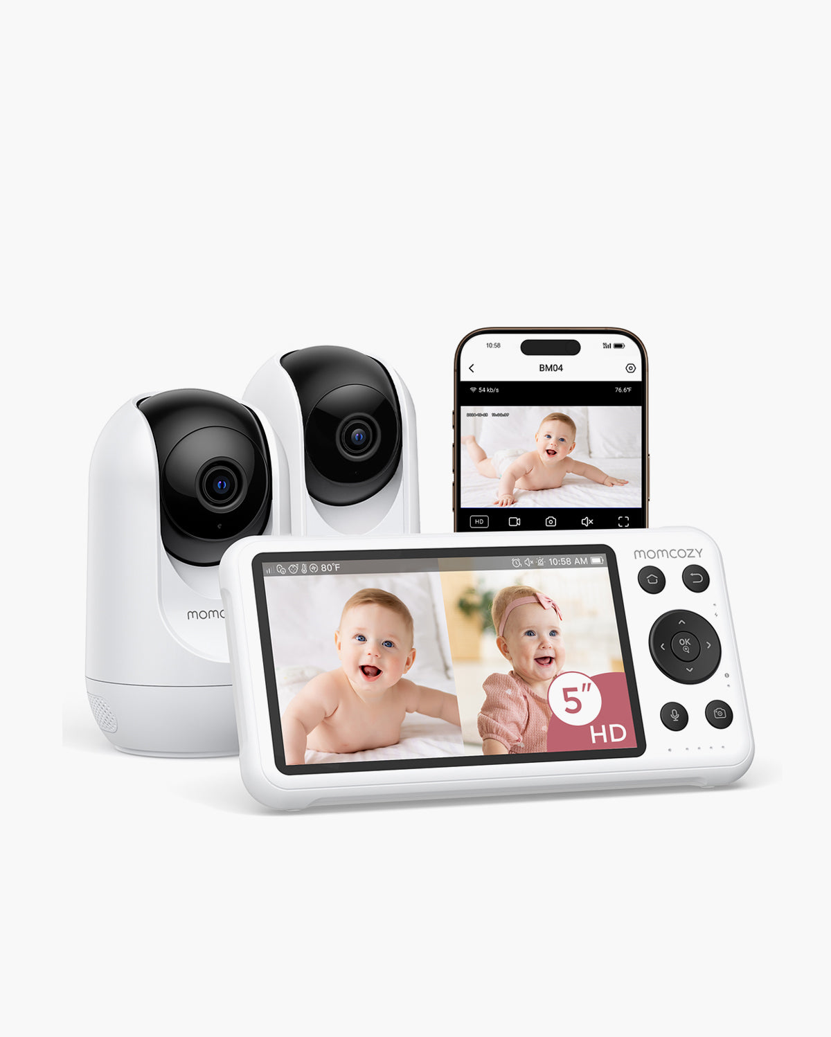 Momcozy dual-mode smart baby monitor BM04 with two white cameras and a 5-inch HD screen showing two happy babies.