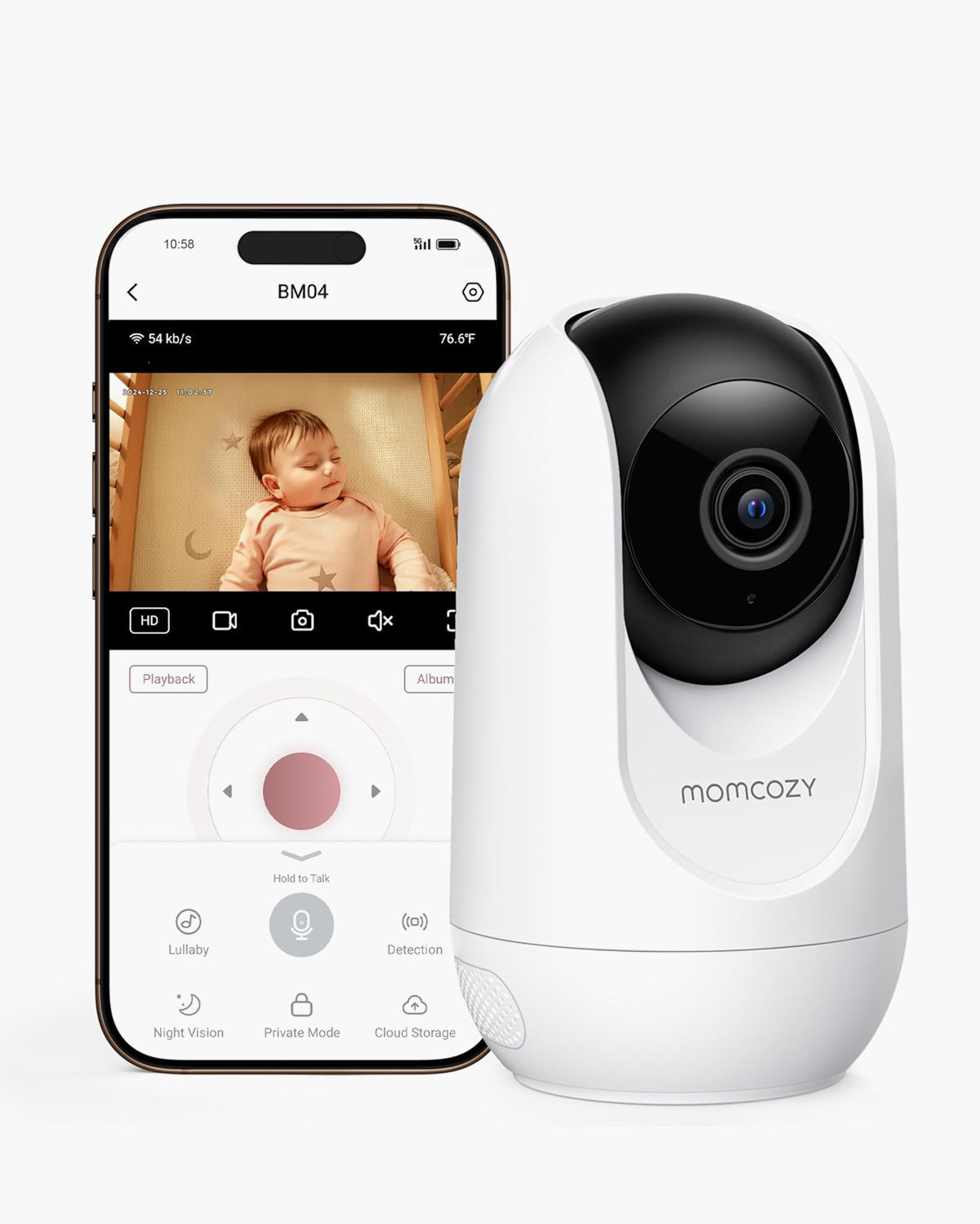 Momcozy BM04 baby monitor camera displaying a sleeping baby on a smartphone screen