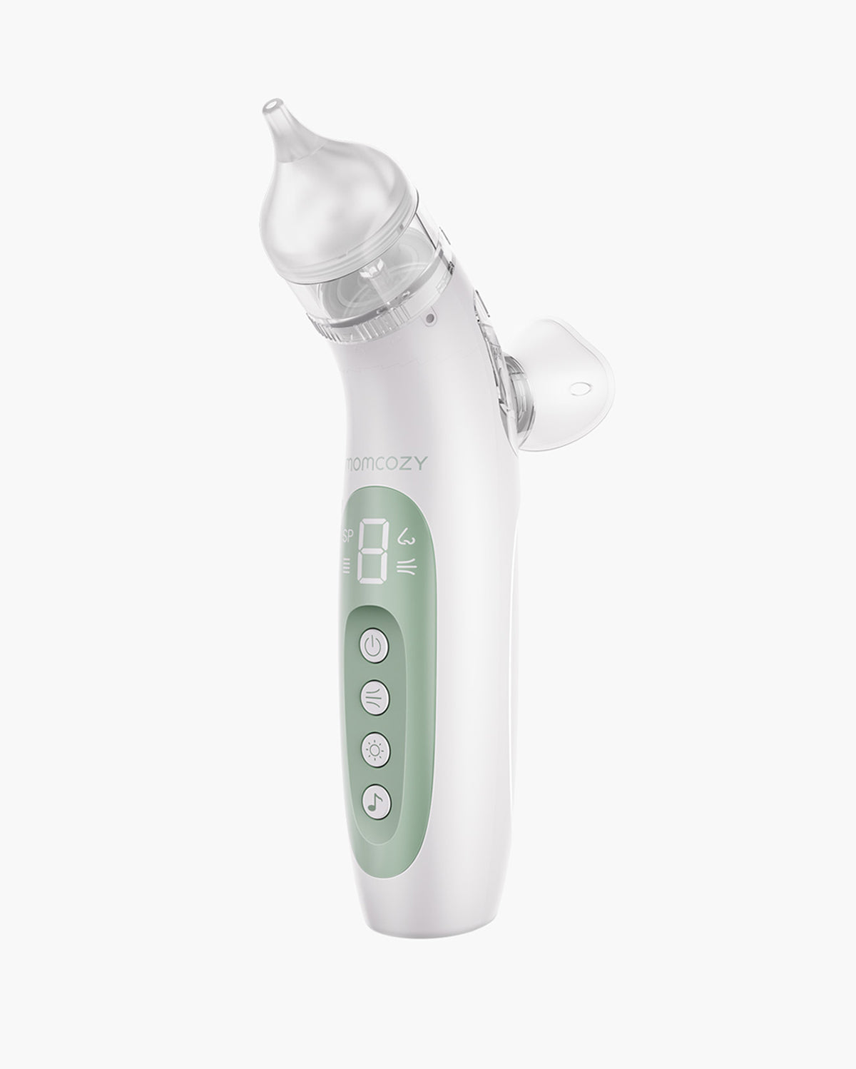 Momcozy BreezyClear electric nasal aspirator with digital display and control buttons in white and green.