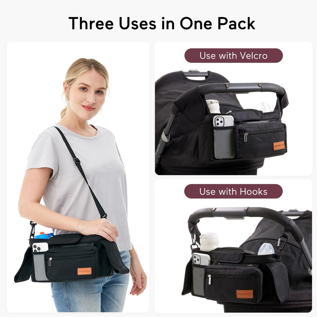 Momcozy stroller organizer, black, with multiple compartments and cup holders, for stroller and car seat use.