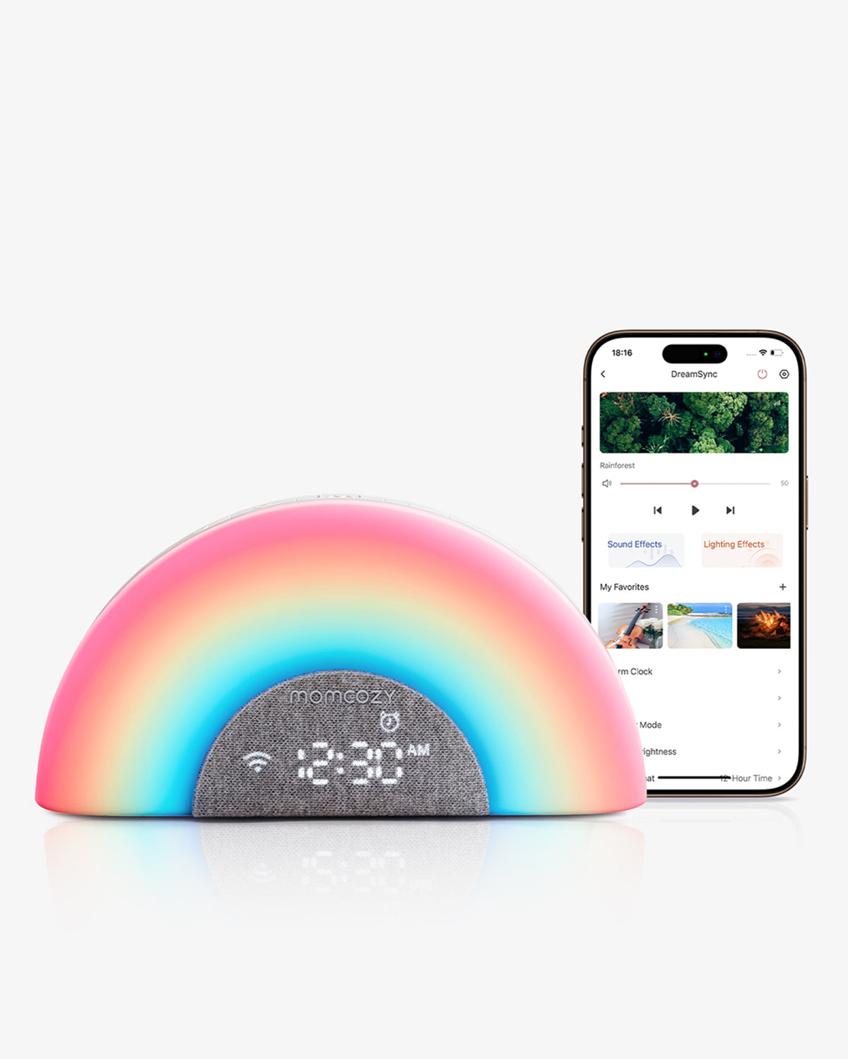 DreamSync Tech smart baby sound machine with rainbow light and app control showing time 12:30 AM.
