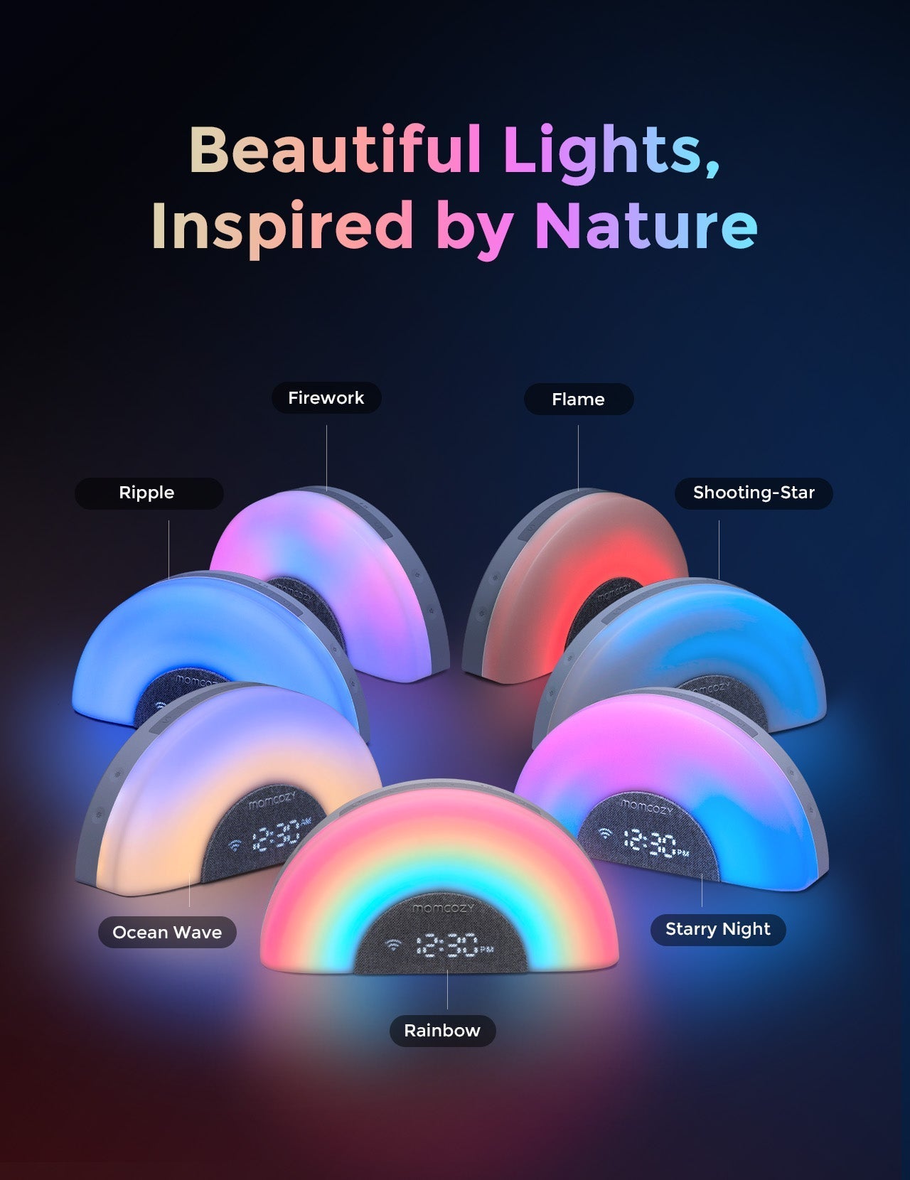 DreamSync Tech smart baby sound machine with 7 light modes: Rainbow, Firework, Flame, Shooting-Star, Ripple, Ocean Wave, Starry Night.