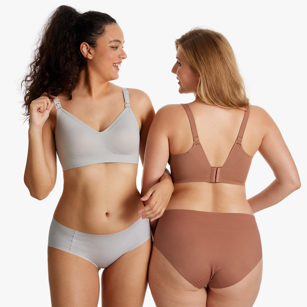 YN21 Seamless Nursing Bras on models: light grey with front clip, warm cinnamon showing adjustable back straps.