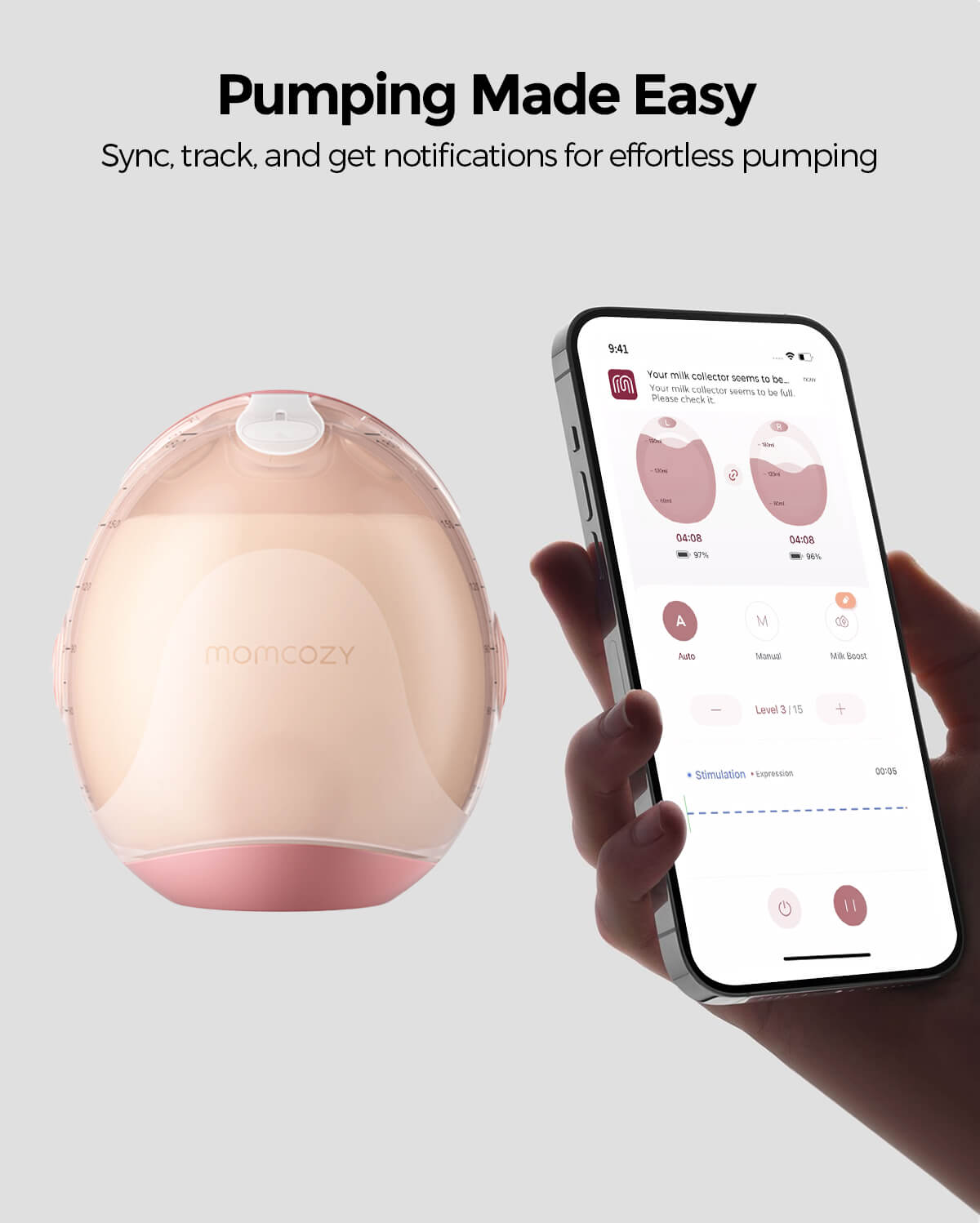 Momcozy Air 1 breast pump with smartphone showing app control for tracking pumping progress and milk collection.