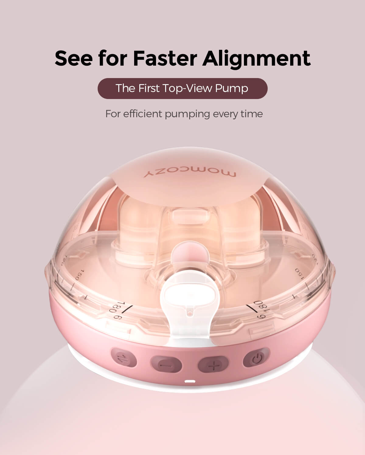 Momcozy Air 1 ultra-slim breast pump in soft pink, featuring a top-view design for easier alignment and efficient pumping.