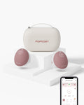 Momcozy Mobile Flow™ electric hands-free breast pump set with case and smart app displays the interface for smart milk expression.