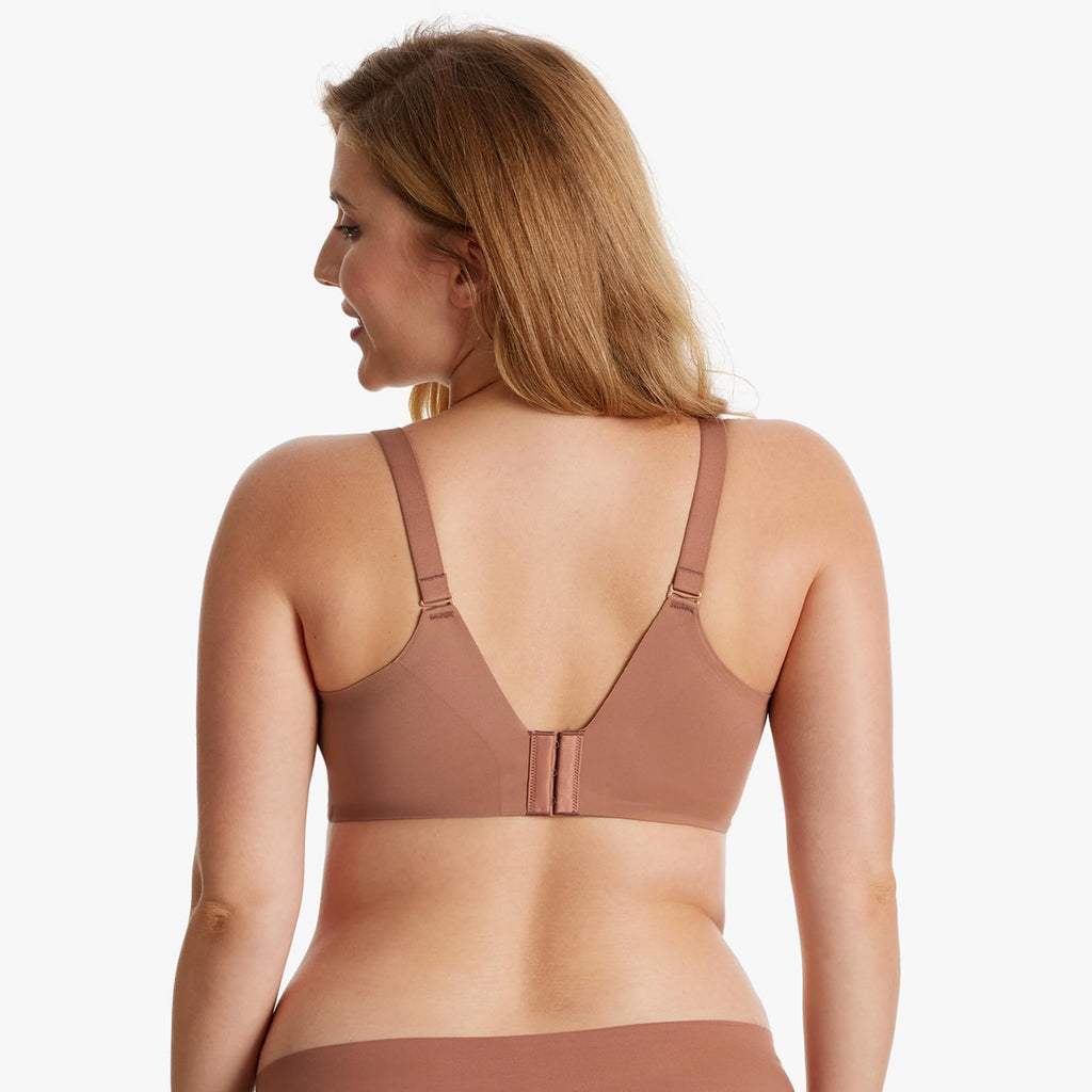 Warm cinnamon YN21 Seamless Nursing Bra, back view. Model shows wide adjustable straps & multi-hook for custom comfort.