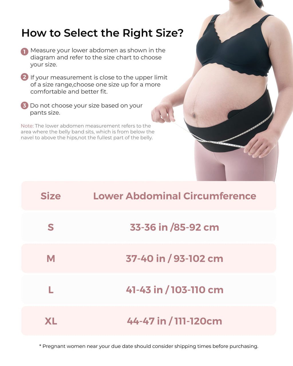 Momcozy Maternova belly band size guide. Pregnant woman measures abdomen, next to size chart.