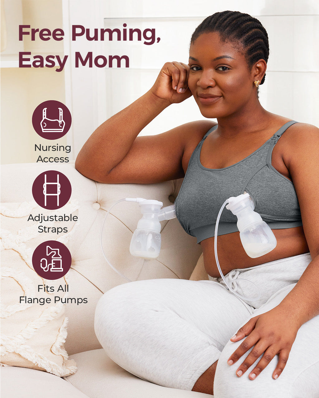 Smiling Black mom in grey YN08 pumping bra hands-free. Features nursing access, adjustable straps, fits all pumps.