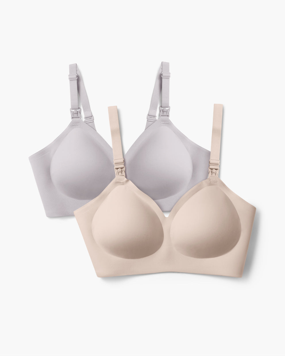Light grey & peach YN21 Ultra Soft Seamless Nursing Bras, with adjustable straps and M5 pump clips.