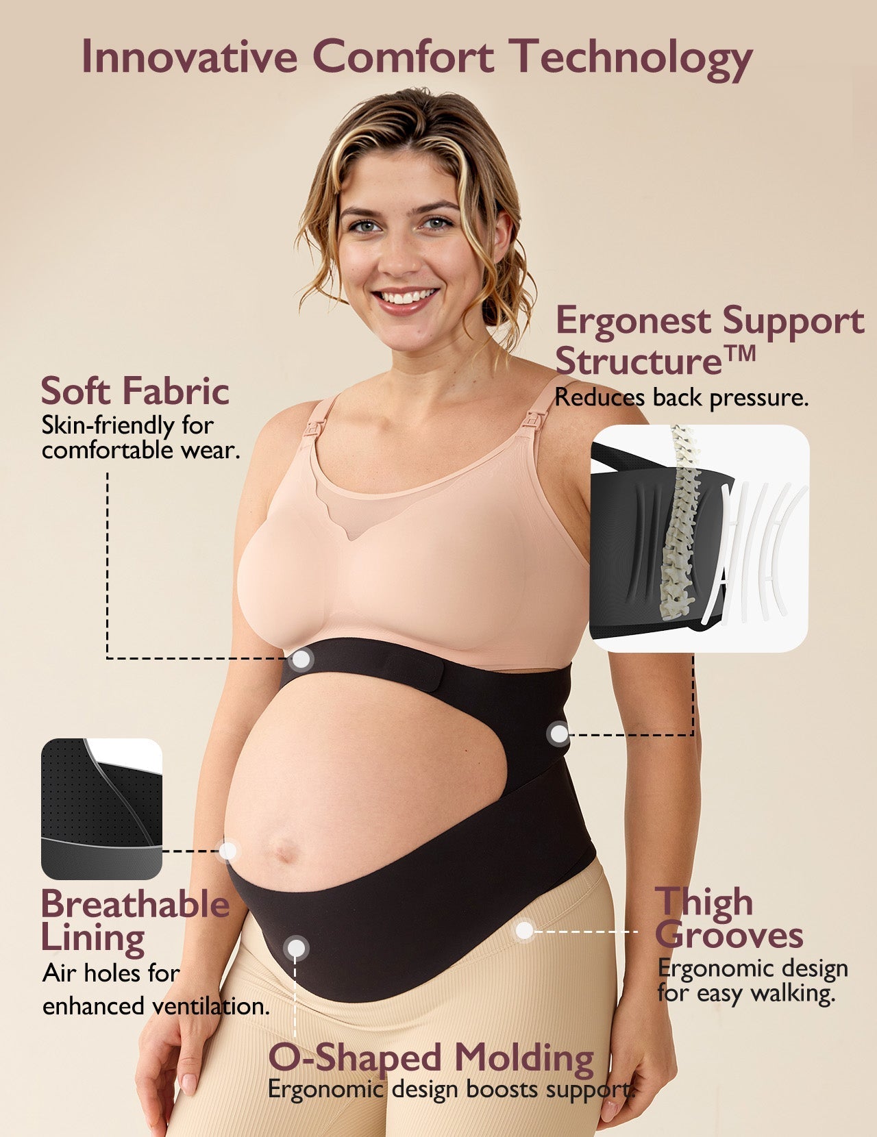 Pregnant model wears black BumpEase maternity band. Features Ergonest Support, O-Shape molding, soft fabric, breathable lining.