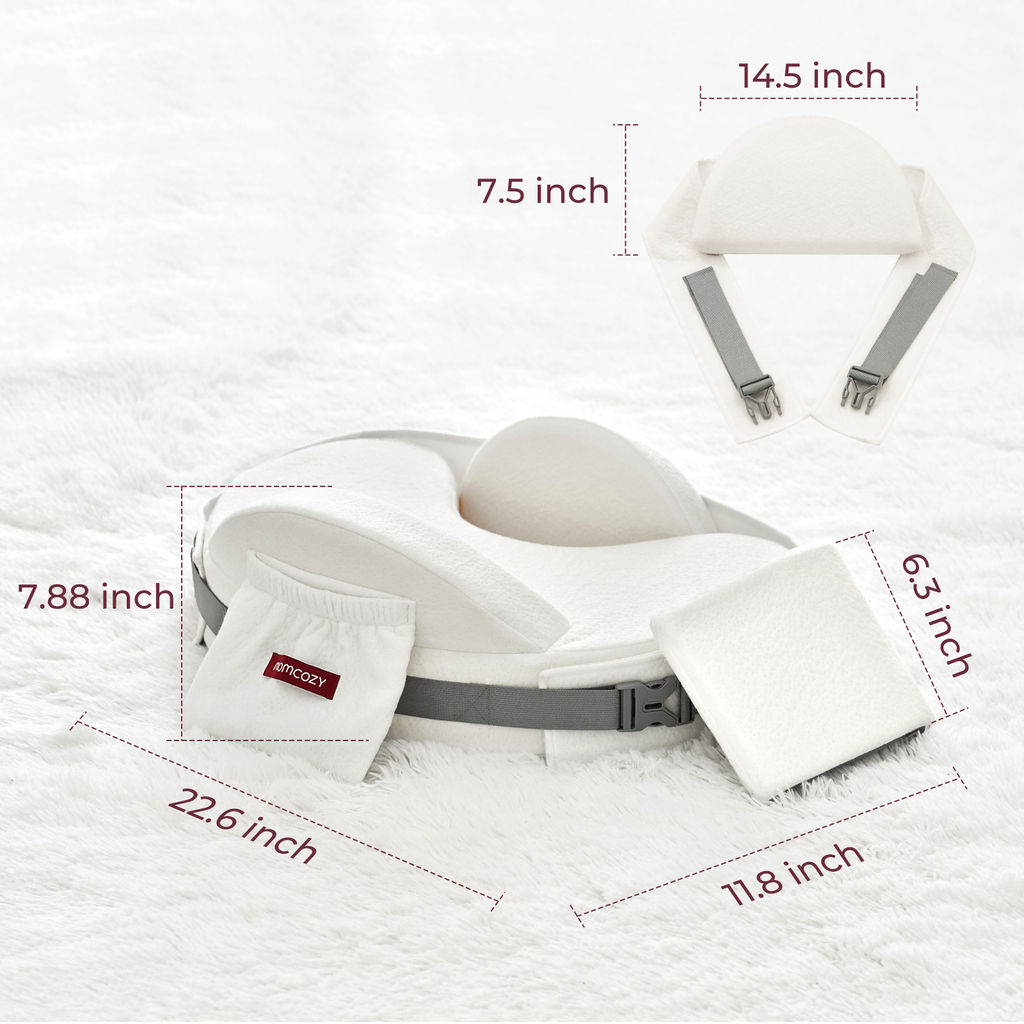 White Momcozy MaxSupport nursing pillow with adjustable strap, pouch, and dimension callouts.