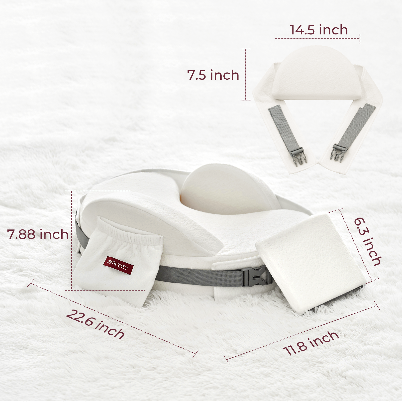 White Momcozy MaxSupport nursing pillow with adjustable strap, pouch, and dimension callouts.