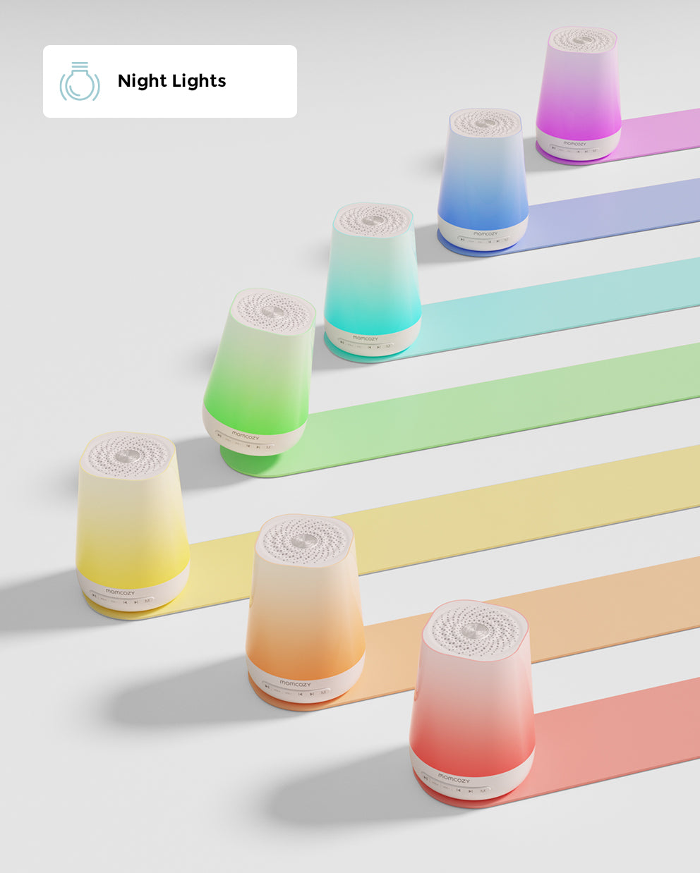 Momcozy Smart Baby Sound Machine night light in multiple colors: pink, blue, green, yellow, orange, red.