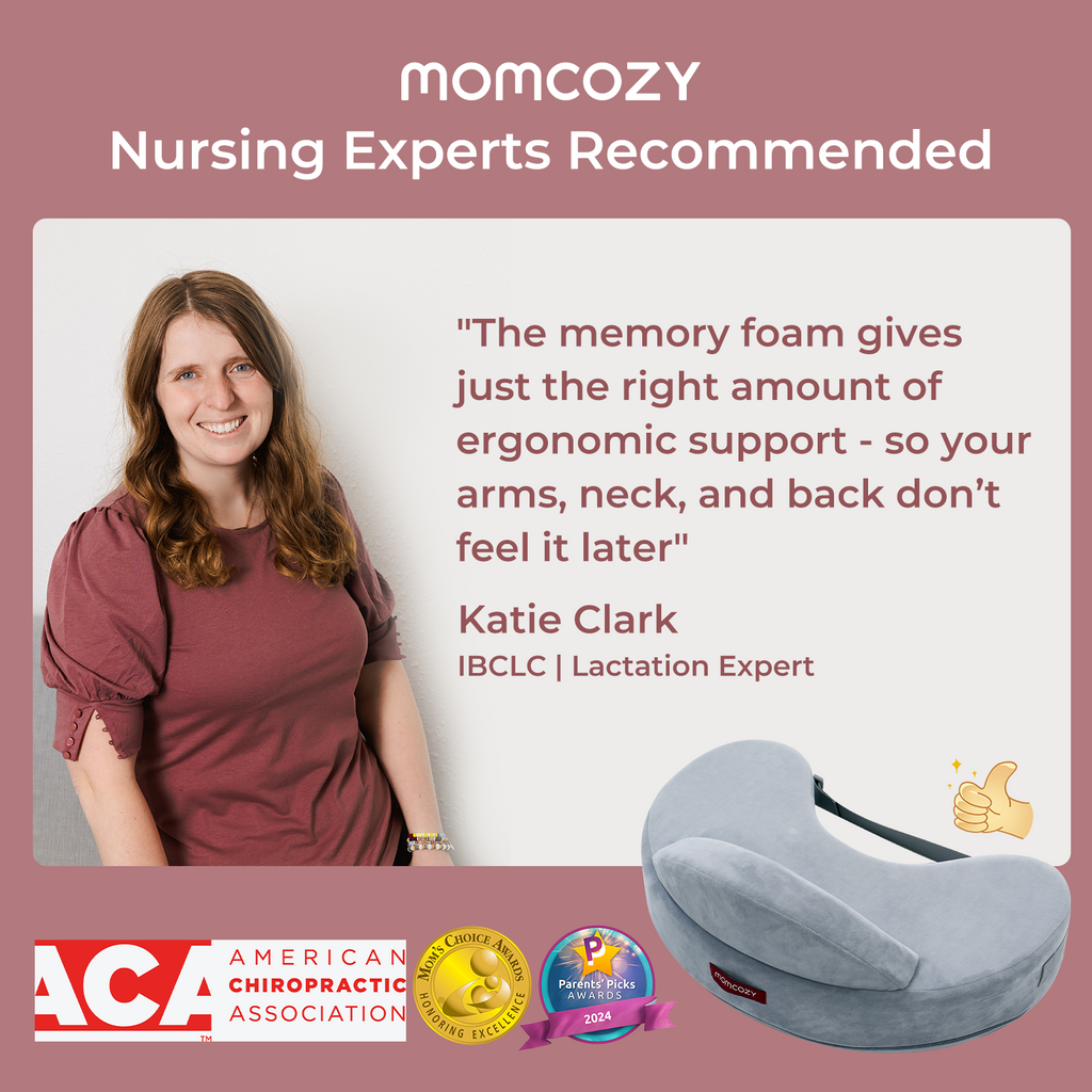Momcozy nursing pillow: Expert Katie Clark praises memory foam support. ACA & Mom's Choice awards.