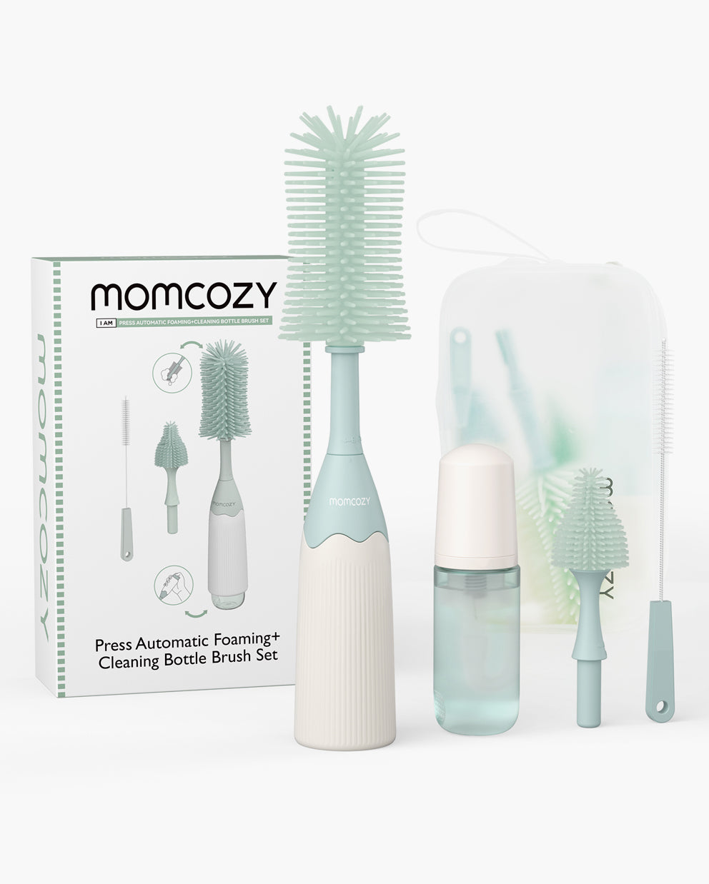 Momcozy teal bottle brush kit with foaming cleaning solution and accessories for baby bottles.